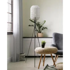 ATHM DESIGN Lampadaires Lampadaire Abat Jour Rotin Beige Et Pieds Métal -Luminaires Soldes 202 lampadaire abat jour rotin beige et pieds metal 1