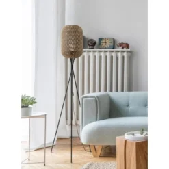 ATHM DESIGN Lampadaires Lampadaire Abat Jour Rotin Beige Et Pieds Métal Noir -Luminaires Soldes 202 lampadaire abat jour rotin beige et pieds metal noir 1