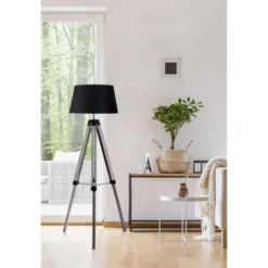 ATHM DESIGN Lampadaires Lampadaire Abat Jour Tissu Noir Et Pieds Bois -Luminaires Soldes 202 lampadaire abat jour tissu noir et pieds bois 2