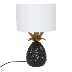 Maisons Du Monde Lampes à Poser Lampe Ananas En Céramique Noire Et Métal Doré, Et Abat-jour En Lin Blanc