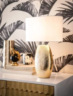 Maisons Du Monde Lampes à Poser Lampe En Céramique Dorée Et Abat-jour En Coton Blanc -Luminaires Soldes 202 lampe en ceramique doree et abat jour en coton blanc 1000 8 26 211012 2