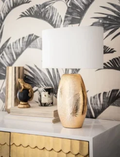 Maisons Du Monde Lampes à Poser Lampe En Céramique Dorée Et Abat-jour En Coton Blanc -Luminaires Soldes 202 lampe en ceramique doree et abat jour en coton blanc 1000 8 26 211012 3