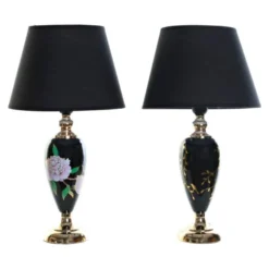 Wadiga Lampes à Poser Lampes En Grès Noir Et Doré Fleurs 28x28x50cm - Lot De 2