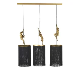 Maisons Du Monde Suspensions Suspension En Métal Doré Et 3 Abat-jours En Franges Noir Ornés De Sculptures De Singes D98